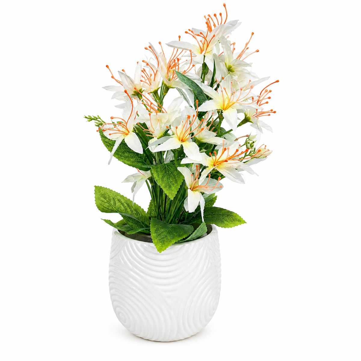 Artificial White Flower Plant with Textured White Ceramic Pot