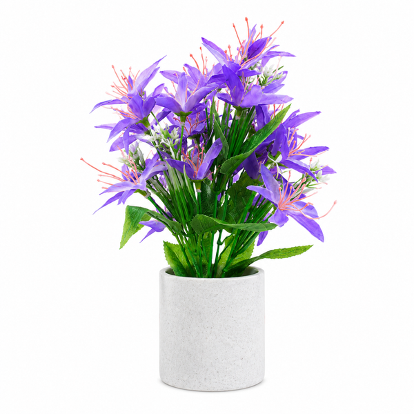Artificial Purple Flower Plant with Green Foliage in Textured White Pot