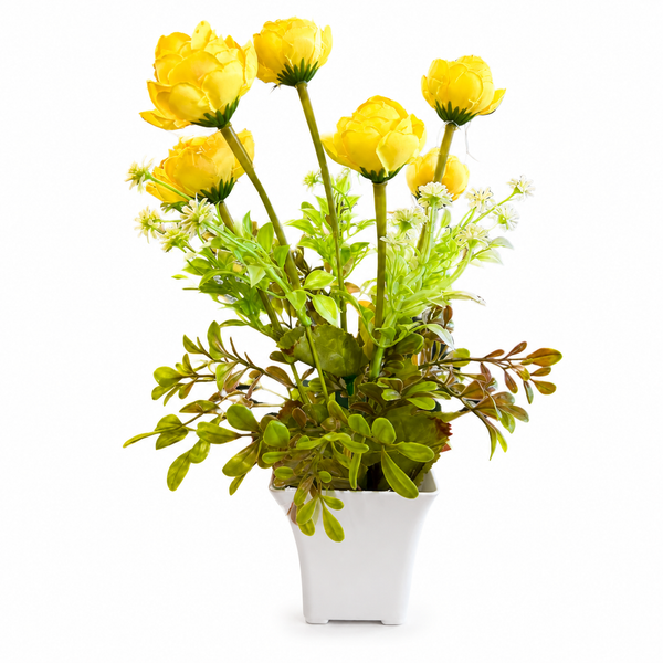 Artificial Yellow Flower Plant with Green Foliage in White Pot