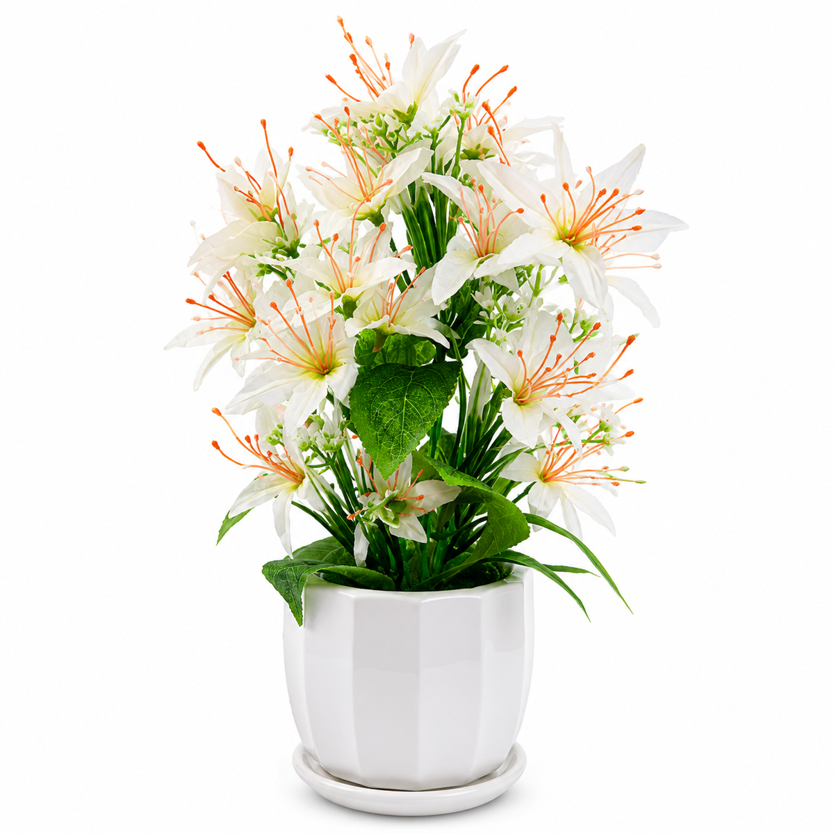 Artificial White Flower Plant with White Ceramic Pot