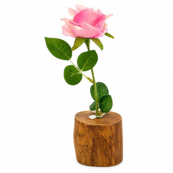 Artificial Pink Rose Flower with Wooden Pot – Elegant Home Décor