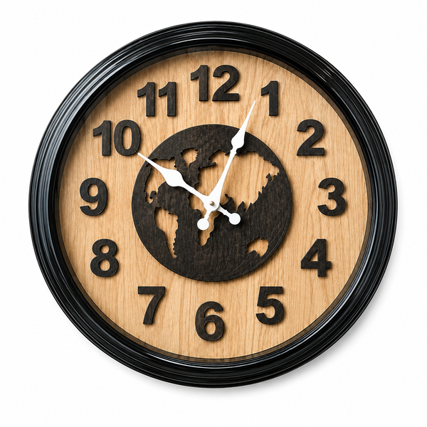 World Map Wooden Wall Clock with Black Frame – Modern Designer Decorative Clock