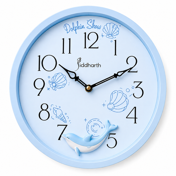 Kids Dolphin Theme Wall Clock – Blue Round Silent Analog Clock for Children's Room