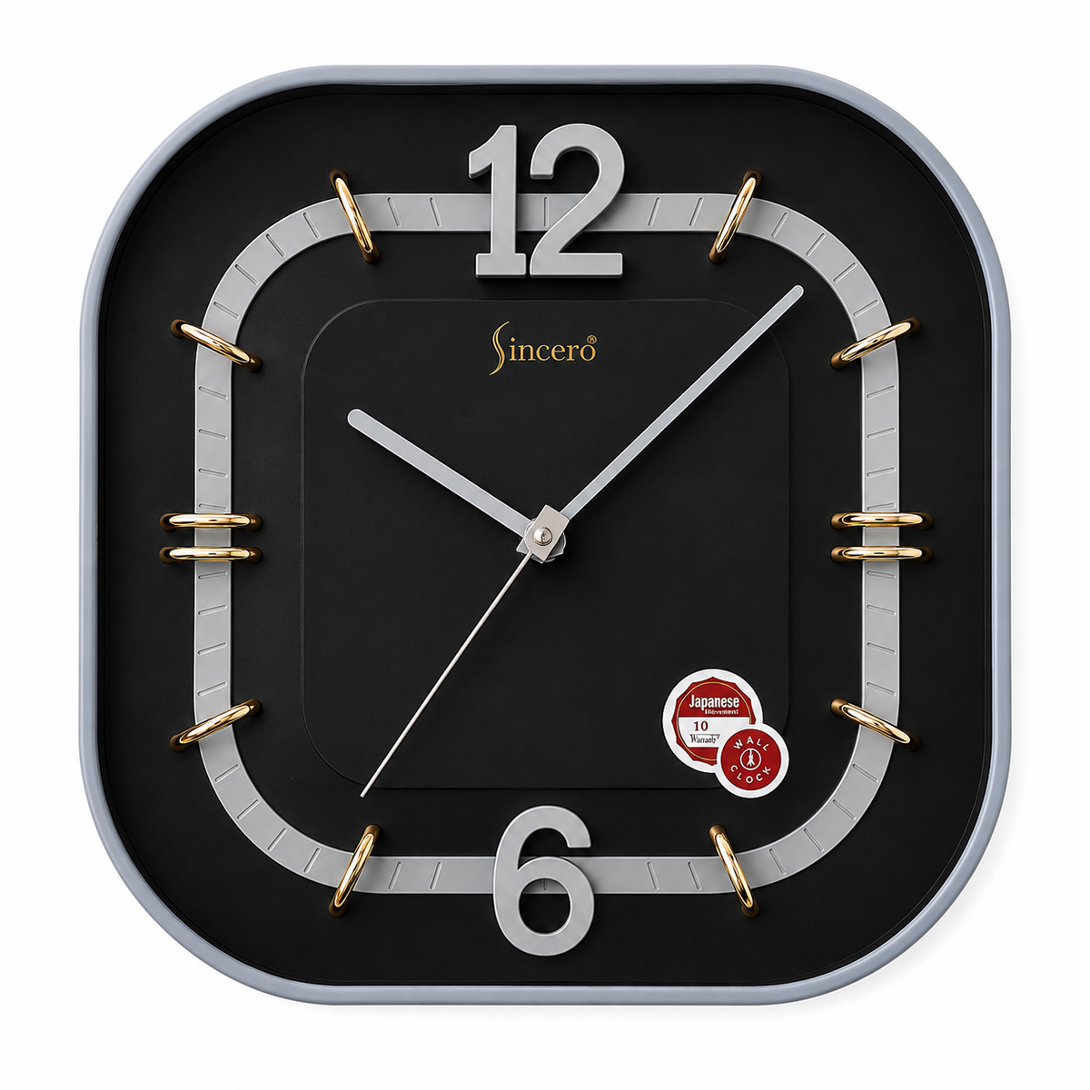 Sincero Modern Designer Wall Clock – Black Square Silent Analog Clock with Gold Accents