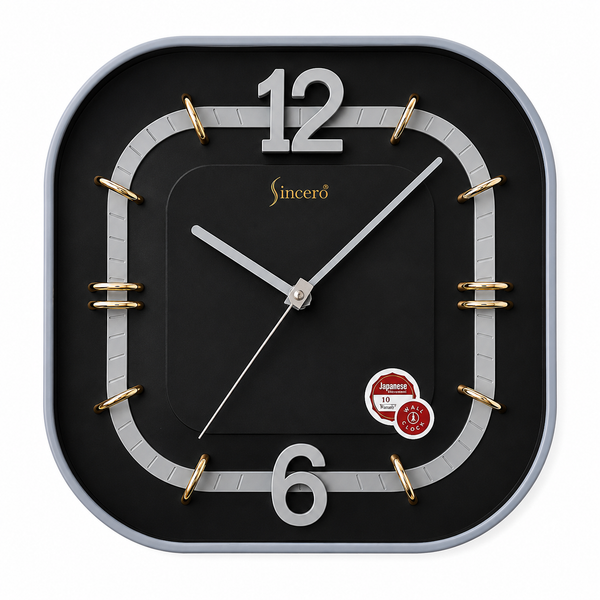 Sincero Modern Designer Wall Clock – Black Square Silent Analog Clock with Gold Accents