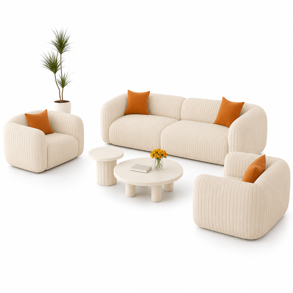 Modern Cream Sofa Set with Orange Cushions