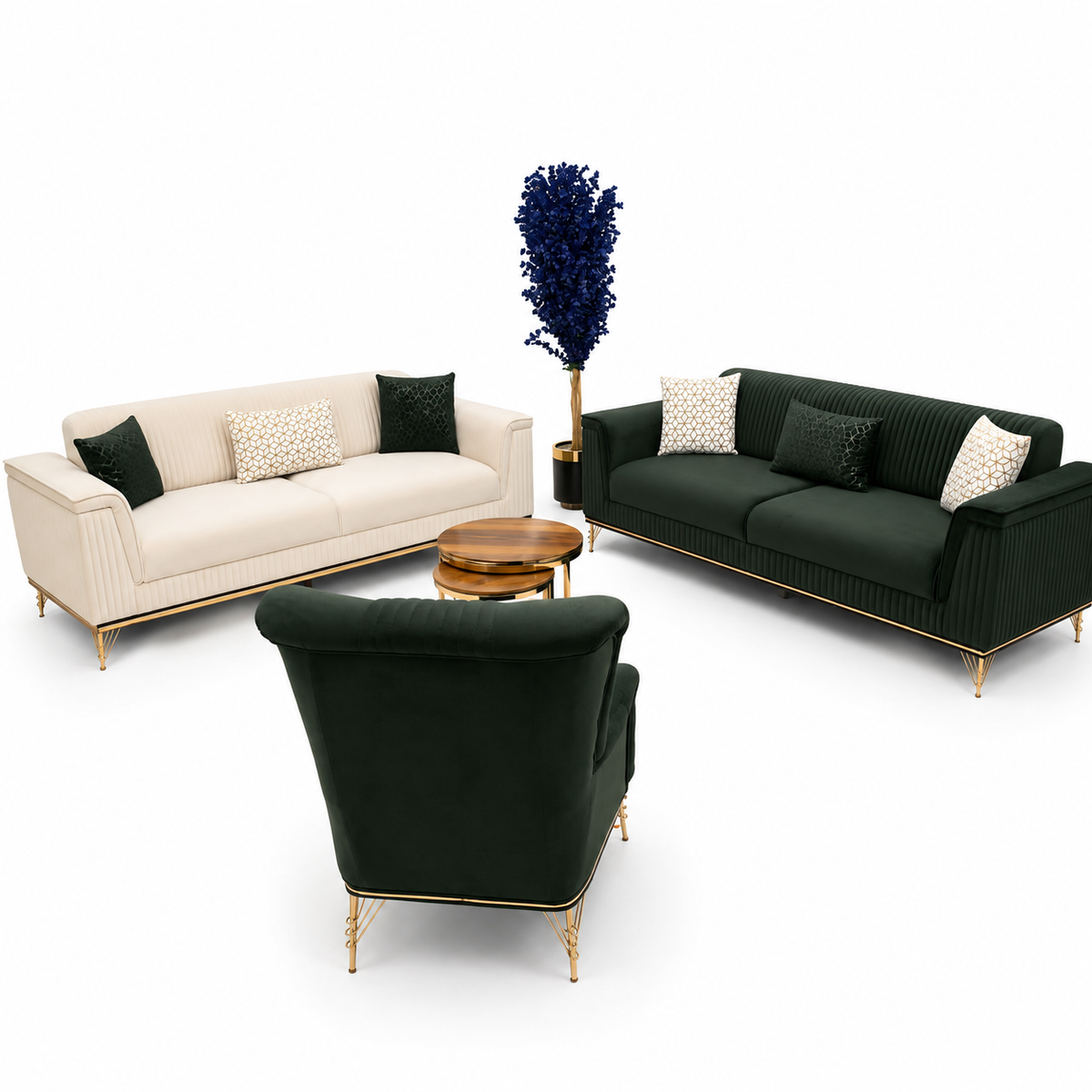 Luxury 3+3+1 Seater Sofa Set – Modern Green & Cream Velvet Finish
