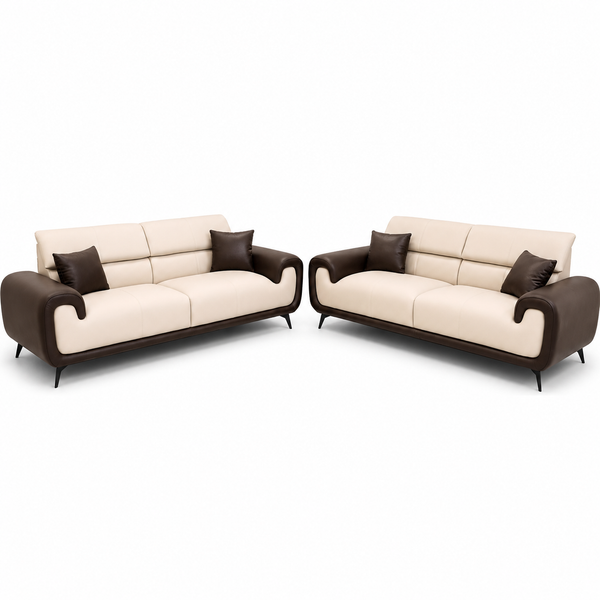 Modern Luxury 3+3 Seater Sofa Set – Cream & Brown Leather Finish