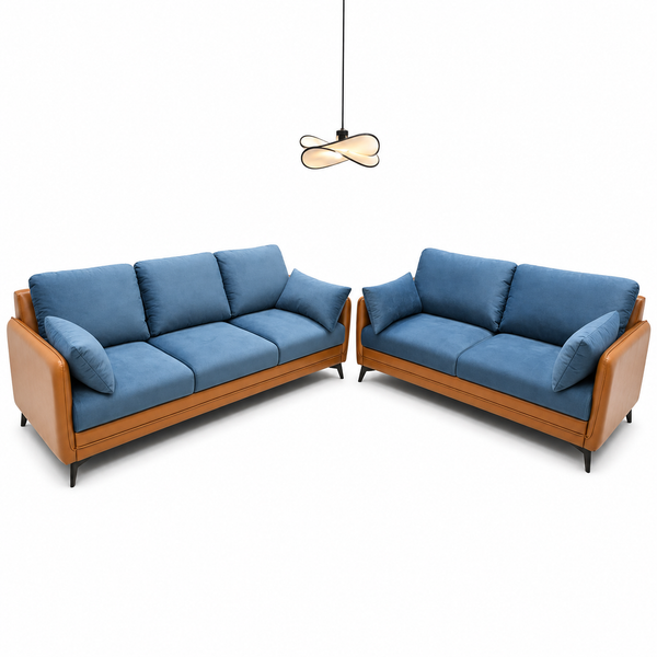 Modern Blue Fabric Sofa Set – 3+2 Seater with Leather Frame