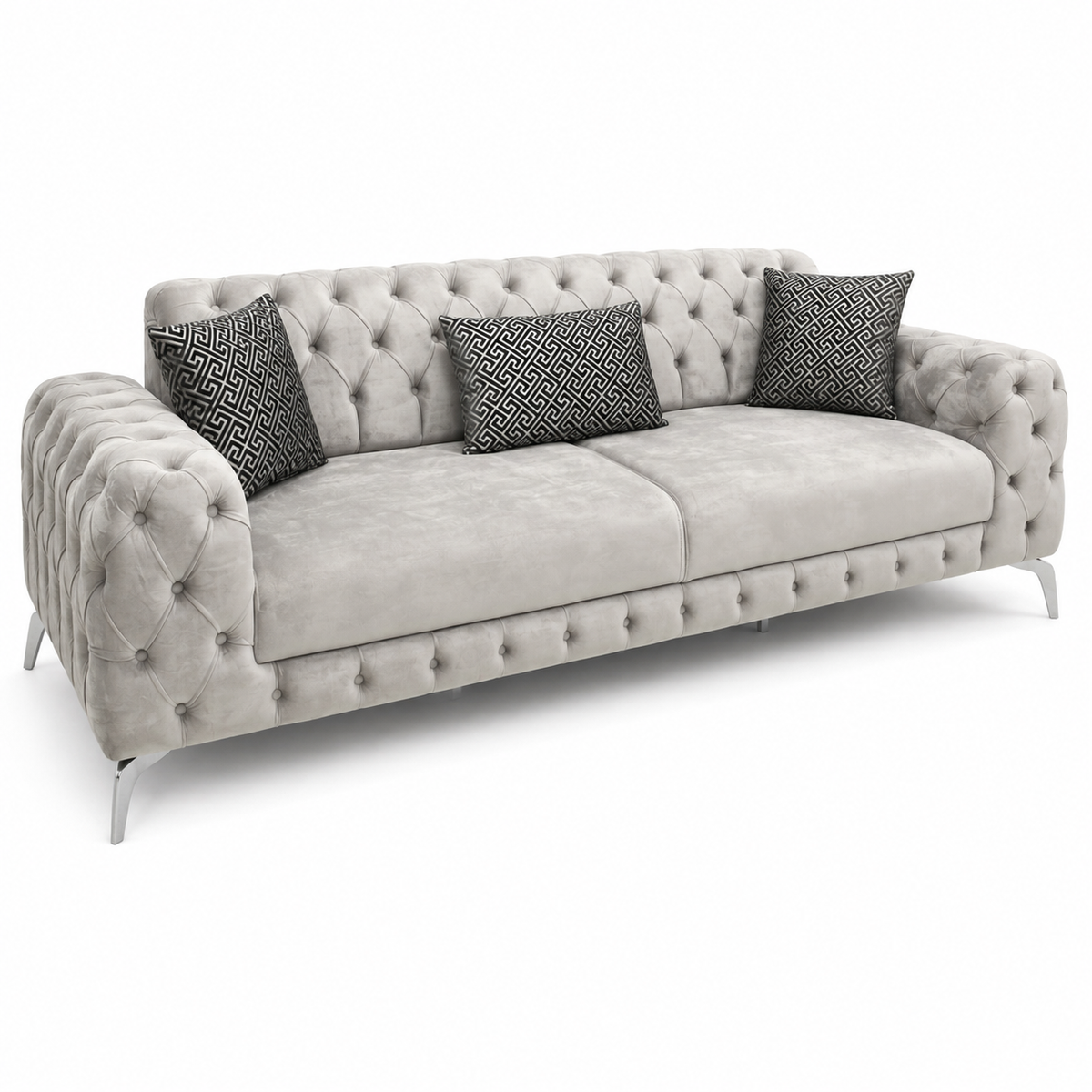 Luxury Chesterfield Velvet Sofa – 3 Seater (Light Grey)