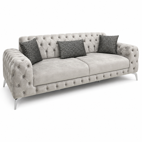 Luxury Chesterfield Velvet Sofa – 3 Seater (Light Grey)