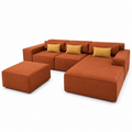 Modern L-Shaped Fabric Sofa with Ottoman – Rust Orange