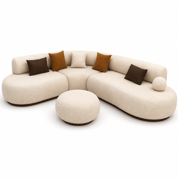 Modern Curved Bouclé Corner Sofa with Ottoman – Cream White