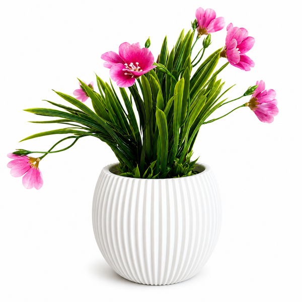 Artificial Pink Flower Grass Plant in Ribbed White Pot