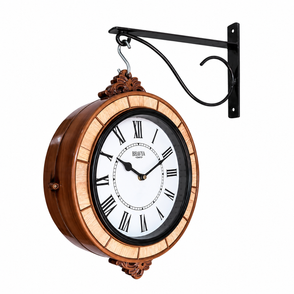 Vintage Double-Sided Wooden Wall Clock with Ornate Bracket