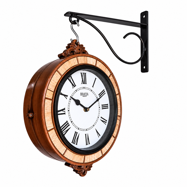 Vintage Double-Sided Wooden Wall Clock with Ornate Hanging Bracket