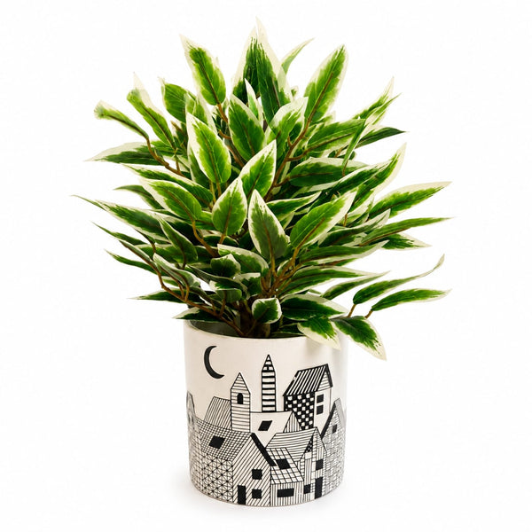 Artificial Variegated Green Plant with Decorative Printed Ceramic Pot
