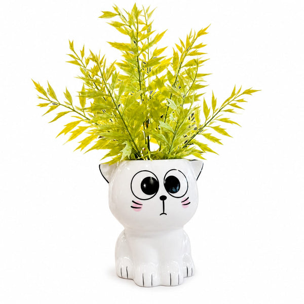 Cute Cat Ceramic Planter with Artificial Green Leaf Plant