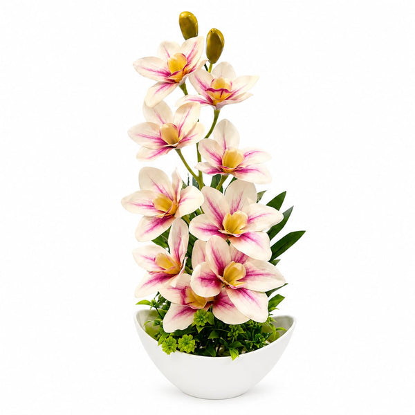 Artificial Orchid Flower Arrangement in White Decorative Pot