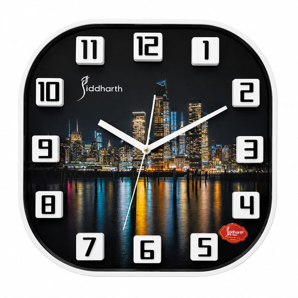 Modern Cityscape Wall Clock with 3D Numbers – Black & White Designer Clock