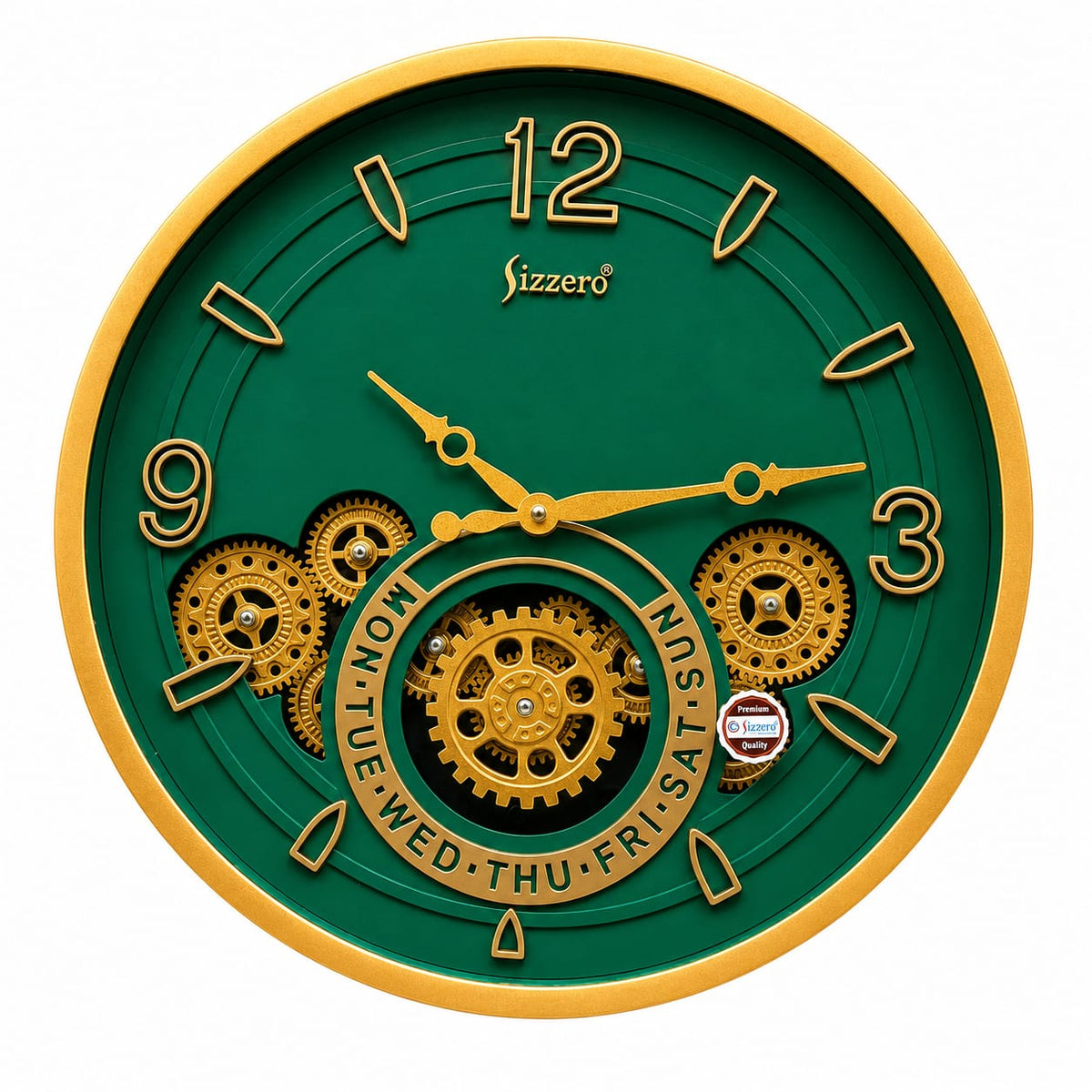 Luxury Green & Gold Gear Wall Clock – Premium Designer Decorative Clock