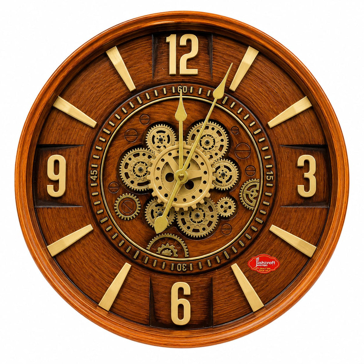 Vintage Wooden Gear Wall Clock with Gold Accents – Luxury Designer Decorative Clock