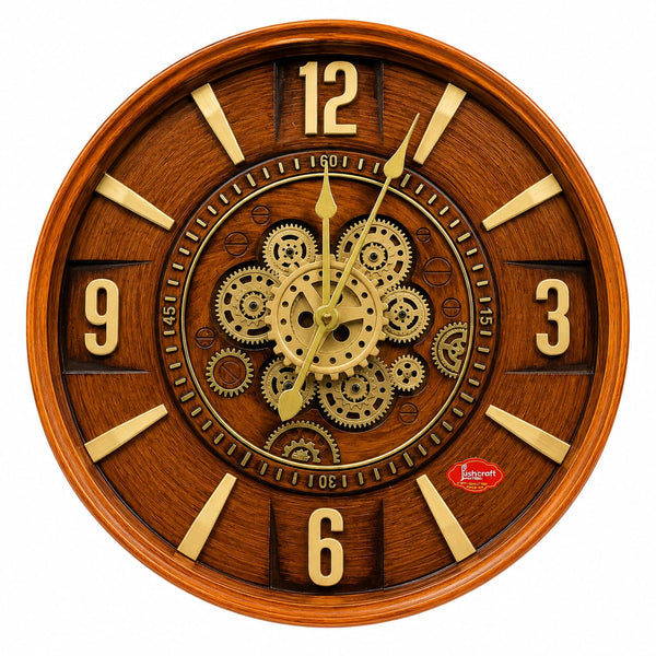 Vintage Wooden Gear Wall Clock with Gold Accents – Luxury Designer Decorative Clock