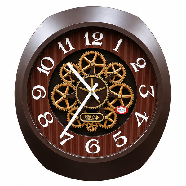 Luxury Brown Gear Wall Clock with Gold Accents – Designer Decorative Wall Clock