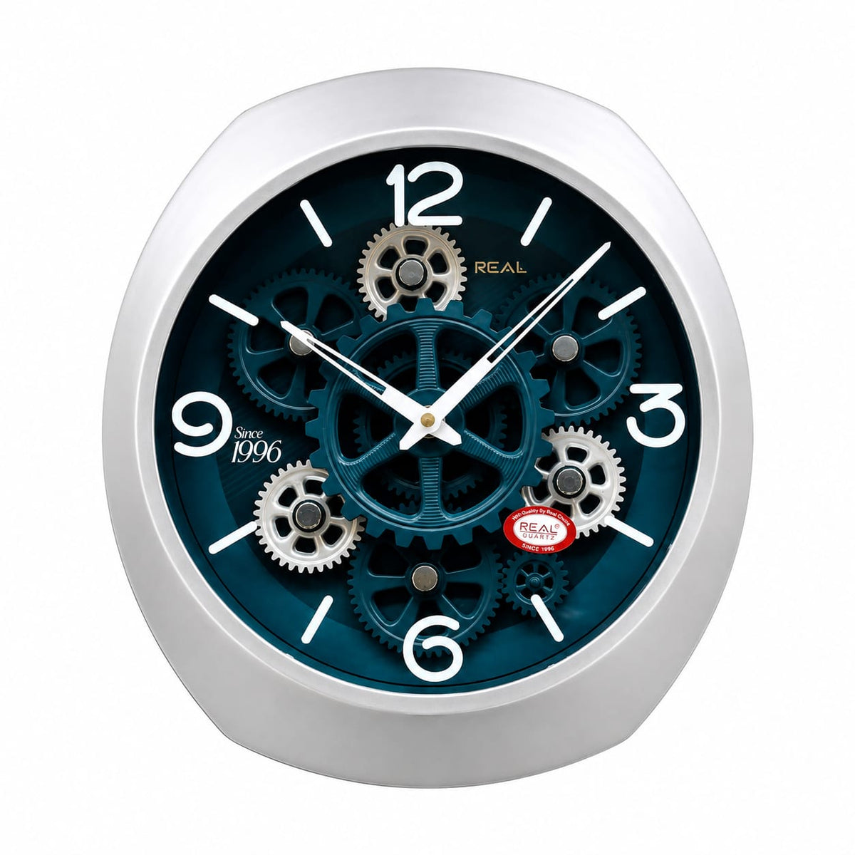 Modern Blue Gear Wall Clock with Silver Frame – Contemporary Designer Clock