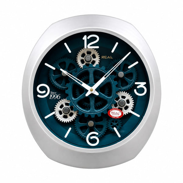 Modern Blue Gear Wall Clock with Silver Frame – Contemporary Designer Clock