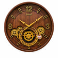 Elegant Wooden Gear Wall Clock with Gold Roman Numerals