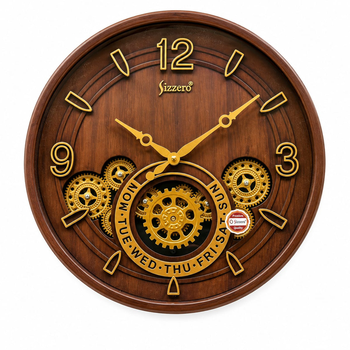 Elegant Wooden Gear Wall Clock with Gold Roman Numerals