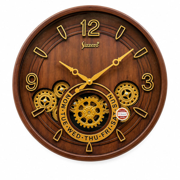 Elegant Wooden Gear Wall Clock with Gold Roman Numerals