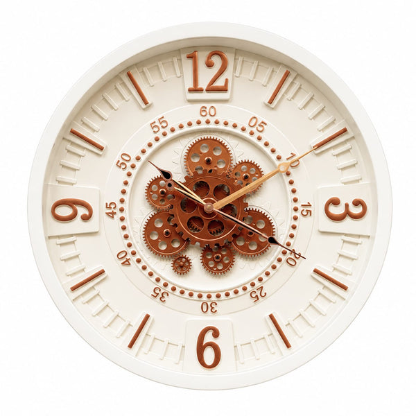 Elegant White Gear Wall Clock with Rose Gold Accents