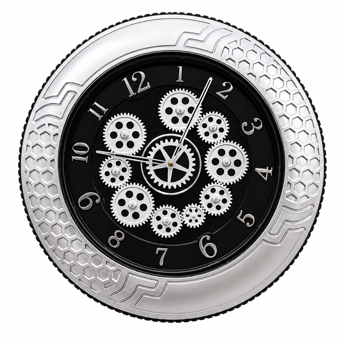 Modern Black & Silver Gear Wall Clock with Geometric Frame
