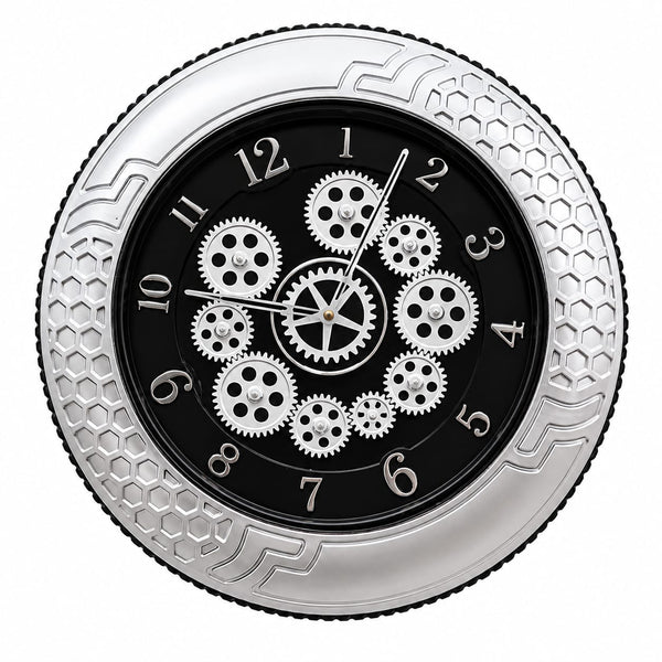 Modern Black & Silver Gear Wall Clock with Geometric Frame