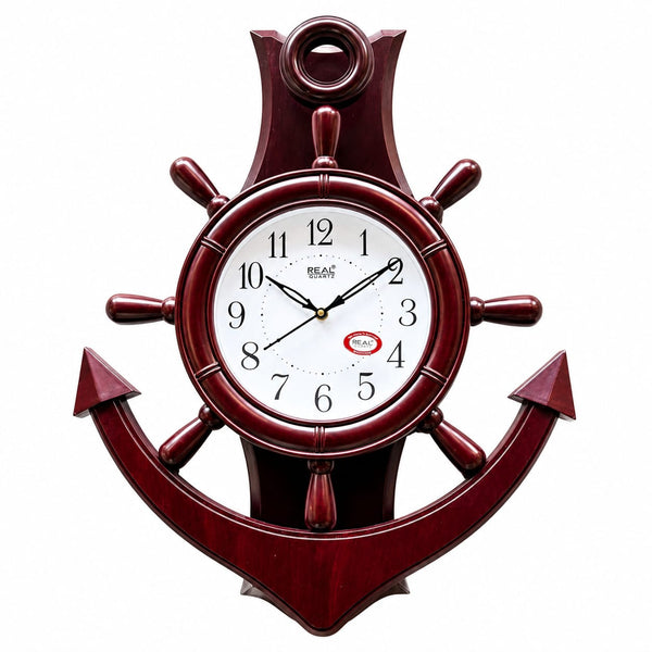 Elegant Nautical Anchor Wall Clock with Wooden Ship Wheel Design