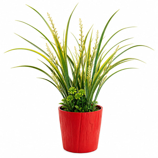 Artificial Green Grass Plant with Yellow Flowers in Red Pot