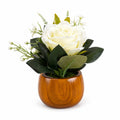 Artificial White Rose Flower Arrangement in Wooden Pot