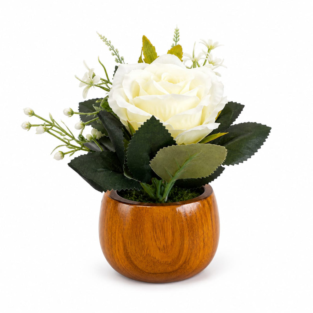 Artificial White Rose Flower Arrangement in Wooden Pot