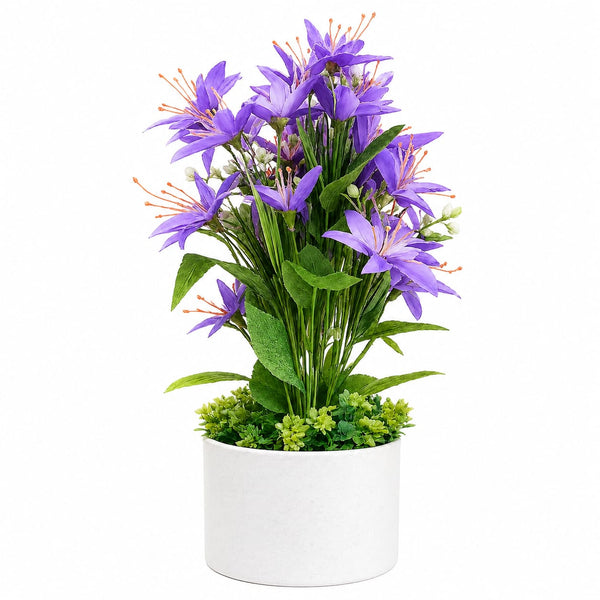 Artificial Purple Flower Arrangement in White Planter