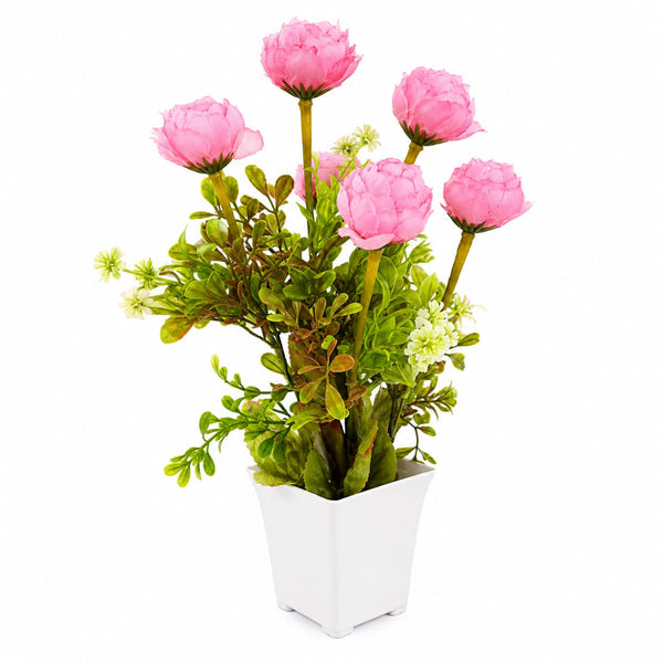 Artificial Pink Flower Arrangement with Greenery in White Square Pot