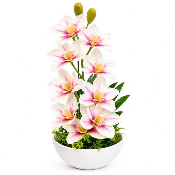 Artificial White & Pink Orchid Flower Arrangement in Bowl Planter