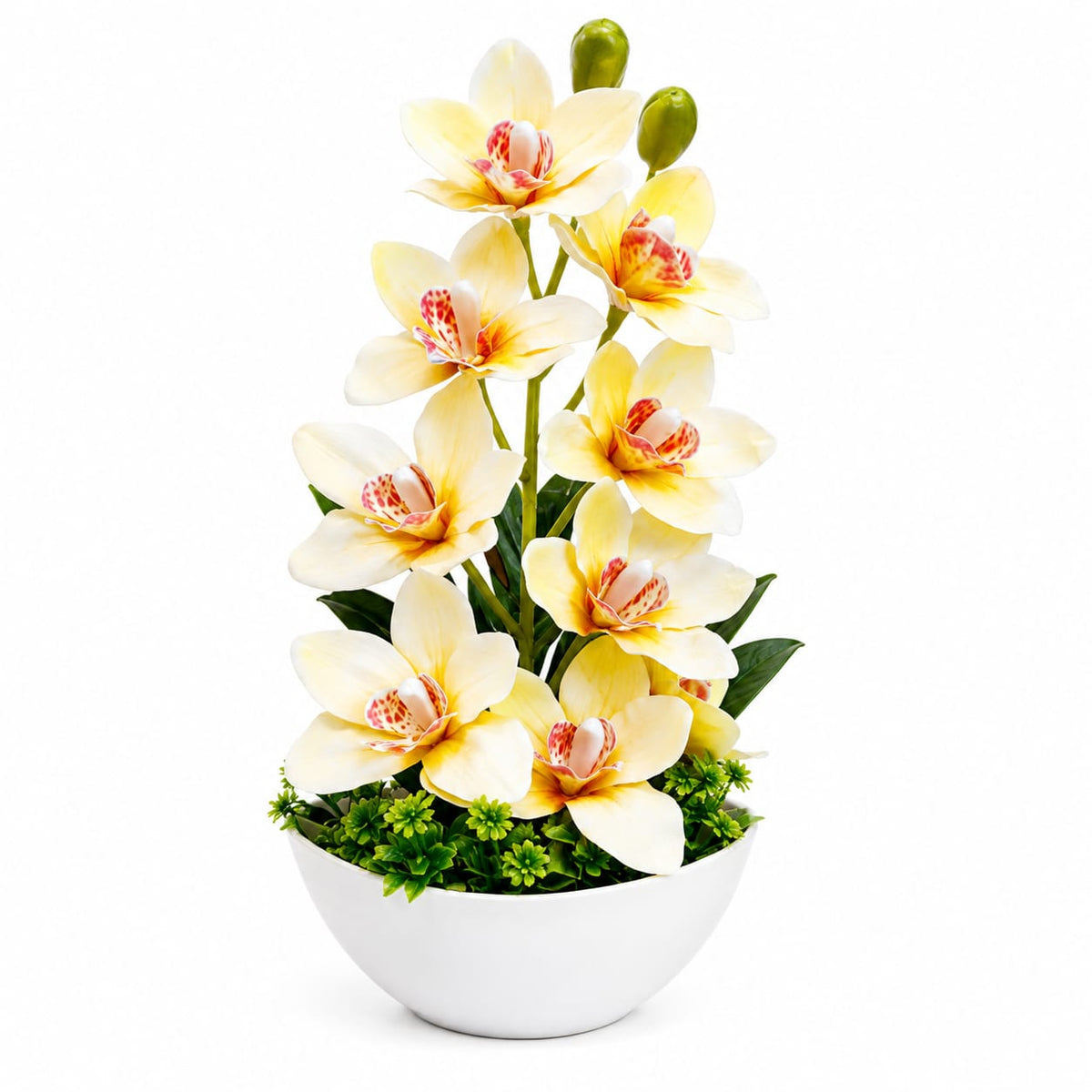 Artificial Yellow Orchid Flower Arrangement in Decorative Bowl Planter