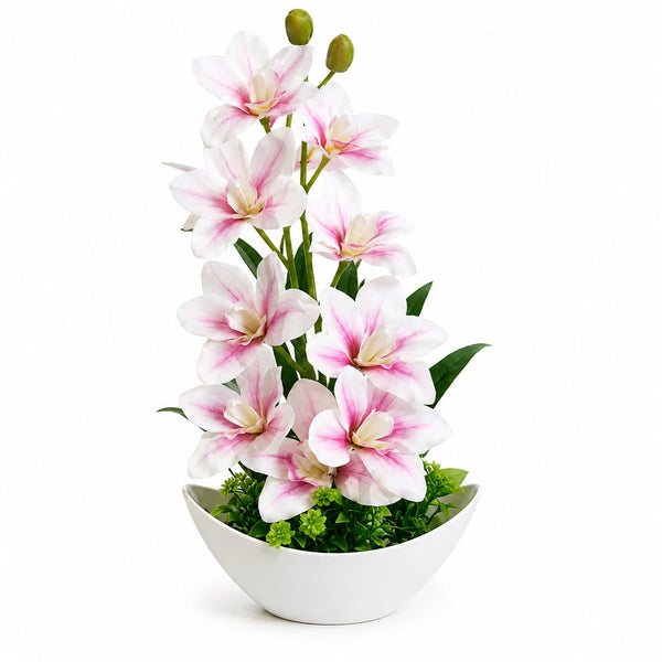 Artificial Pink & White Flower Arrangement in Decorative Bowl Planter