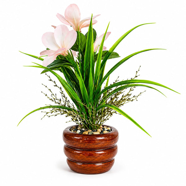 Artificial Pink Flower Plant with Decorative Wooden Planter