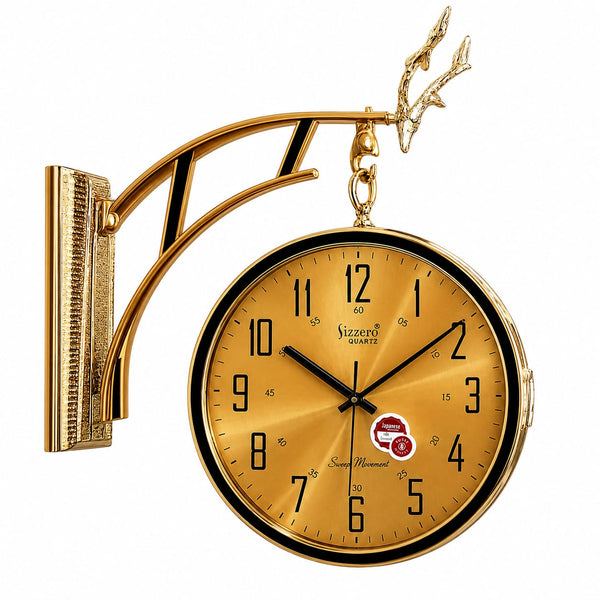 Double-Sided Gold Wall Clock with Decorative Hanging Bracket