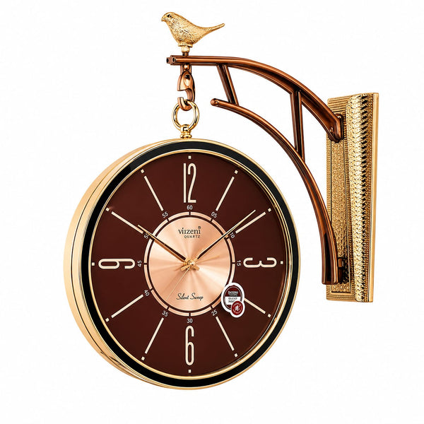 Double-Sided Brown & Gold Wall Clock with Bird Design