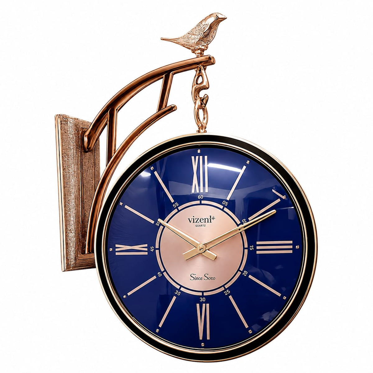 Double-Sided Blue & Gold Wall Clock with Bird Design